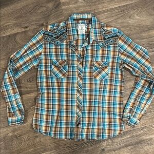 Panhandle Roughstock Men’s Plaid Button-Up Shirt with Embroidered Details, Med.